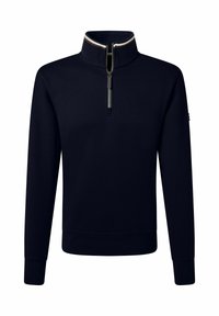 Dunkelblauer Langarmpullover mit einem Viertelreißverschluss vorne und hohem Kragen, der mit weißen und braunen Streifen verziert ist.