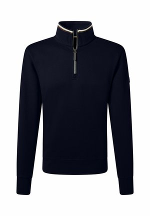 Dunkelblauer Langarmpullover mit einem Viertelreißverschluss vorne und hohem Kragen, der mit weißen und braunen Streifen verziert ist.