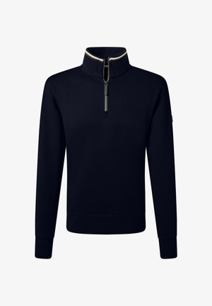 Dunkelblauer Langarmpullover mit einem Viertelreißverschluss vorne und hohem Kragen, der mit weißen und braunen Streifen verziert ist.