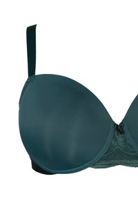 Teal padded bra with a smooth fabric finish, lace accent on the band, and adjustable straps. Features a hook closure at the back.