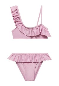 Ružový bikiny set s volánovým topom na jedno rameno a volánovými bikiny. Hladká, elastická látka s lesklým povrchom.