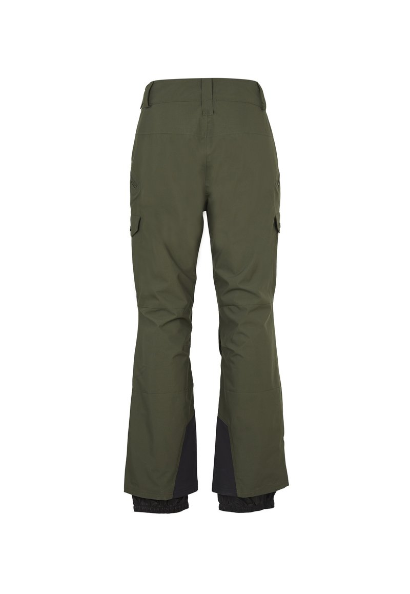 Wasserabweisende Cargo-Hose in dunklem Olivgrün, mit geradem Bein, mehreren Seitentaschen und schwarzen Akzenten am Saum.