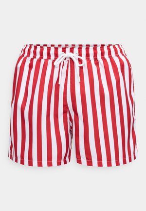 Herresvømmebukser med vertikale røde og hvite striper og hvit snor i midjen.