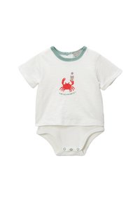 Bodysuit pour bébé à manches courtes blanc avec un col vert menthe. Présente un graphisme de crabe rouge tenant un cornet de glace, avec un texte imprimé en dessous.