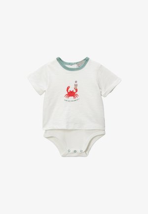 Bodysuit pour bébé à manches courtes blanc avec un col vert menthe. Présente un graphisme de crabe rouge tenant un cornet de glace, avec un texte imprimé en dessous.