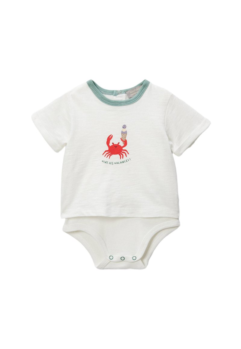 Bodysuit pour bébé à manches courtes blanc avec un col vert menthe. Présente un graphisme de crabe rouge tenant un cornet de glace, avec un texte imprimé en dessous.