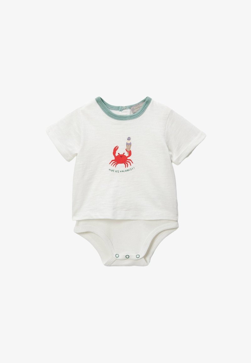 Bodysuit pour bébé à manches courtes blanc avec un col vert menthe. Présente un graphisme de crabe rouge tenant un cornet de glace, avec un texte imprimé en dessous.