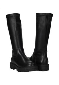 Zwarte leren kniehoog boots met een gladde afwerking, ronde neus en een gestructureerde rubberen zool. Kenmerkt zich door minimale stiksels en een elastische zijpaneel.