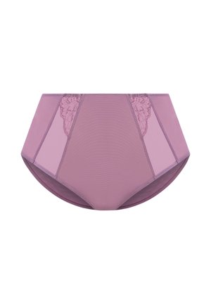 Culotte taille haute couleur lavande avec un tissu lisse et des accents de dentelle florale sur les côtés. Comprend des panneaux semi-transparents.