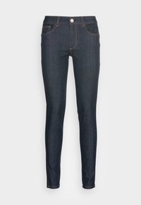 Donkerblauwe spijkerbroek met een smalle pasvorm, voorzien van oranje stiksels, standaard ontwerp met vijf zakken en een knoopsluiting aan de voorkant.