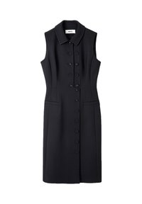Schwarzes ärmelloses Kleid mit einem kragenförmigen Ausschnitt, vorderen Knöpfen, zwei seitlichen Taschen und einer taillierten Silhouette aus strukturiertem Stoff.