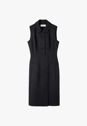 Schwarzes ärmelloses Kleid mit einem kragenförmigen Ausschnitt, vorderen Knöpfen, zwei seitlichen Taschen und einer taillierten Silhouette aus strukturiertem Stoff.