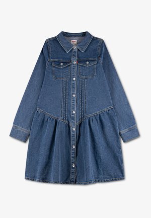 Robe en denim à manches longues boutonnée, avec col, deux poches poitrine, fronces à la taille et jupe mi-longue en bleu moyen.