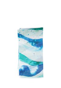 Cotton scarf featuring a watercolor wave pattern in shades of blue and green, with soft textures and a white background.
