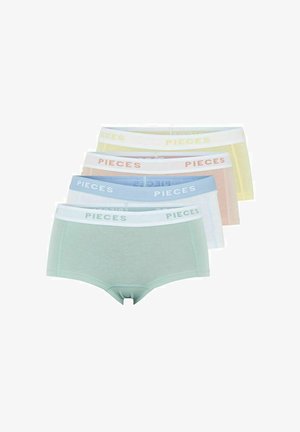 Set van vijf damesondergoed. Kenmerken zijn katoenstof en hipster snit. Kleuren zijn mintgroen, lichtblauw, lichtroze, bleekgeel en wit.