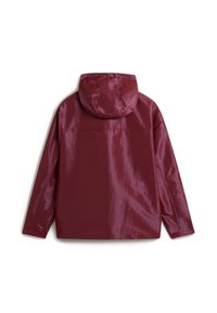 Maroon hooded jacket with a glossy texture, featuring a loose fit, long sleeves, and a straight hem. No visible hardware or patterns.
