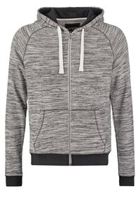 Felpa con zip da uomo in grigio e nero mélange, con cappuccio regolabile, tasche a marsupio frontali, polsini neri e orlo nero.