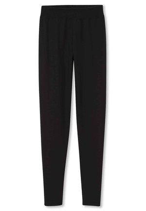 Schwarze Leggings mit einem breiten, glatten Bund. Hergestellt aus dehnbarem Material, mit einer figurschmeichelnden Silhouette und ohne sichtbare Verzierungen.
