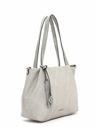 Sac fourre-tout en tissu gris avec double poignées, présentant une texture lisse, un accent en métal argenté et un détail de gland décoratif.