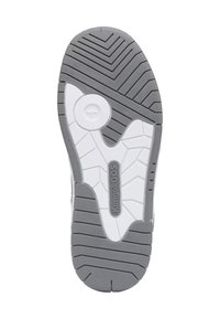 Graue Gummisohle eines Sneakers mit Fischgrätenmuster, weißen Akzenten und einem kreisförmigen Logo. Verfügt über ein strukturiertes Grip-Muster für besseren Halt.