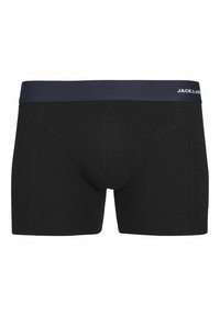 Zwarte boxershorts van zacht stof, met een marineblauwe elastische tailleband waarop de merknaam "JACK & JONES" in het wit staat.