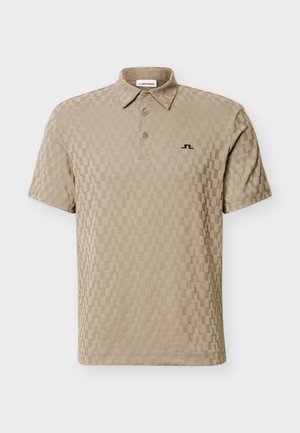 Beež lühikeste varrukatega polo-särk peene geomeetrilise mustriga, kahe nööbi, kraega ja väikese musta logoga vasakul rinnal.