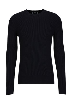 Black ribbed knit sweater with long sleeves, crew neckline, and fitted cuffs. Made from soft material with consistent texture throughout.