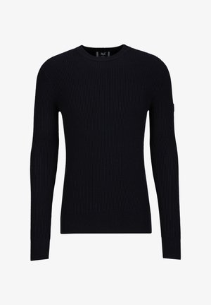 Schwarzer gerippter Strickpullover mit langen Ärmeln, Rundhalsausschnitt und enganliegenden Bündchen. Hergestellt aus weichem Material mit gleichmäßiger Textur.