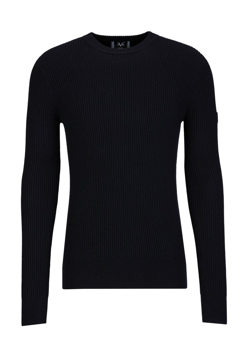 Zwarte geribbelde gebreide trui met lange mouwen, ronde hals en aansluitende manchetten. Gemaakt van zacht materiaal met een consistente textuur.