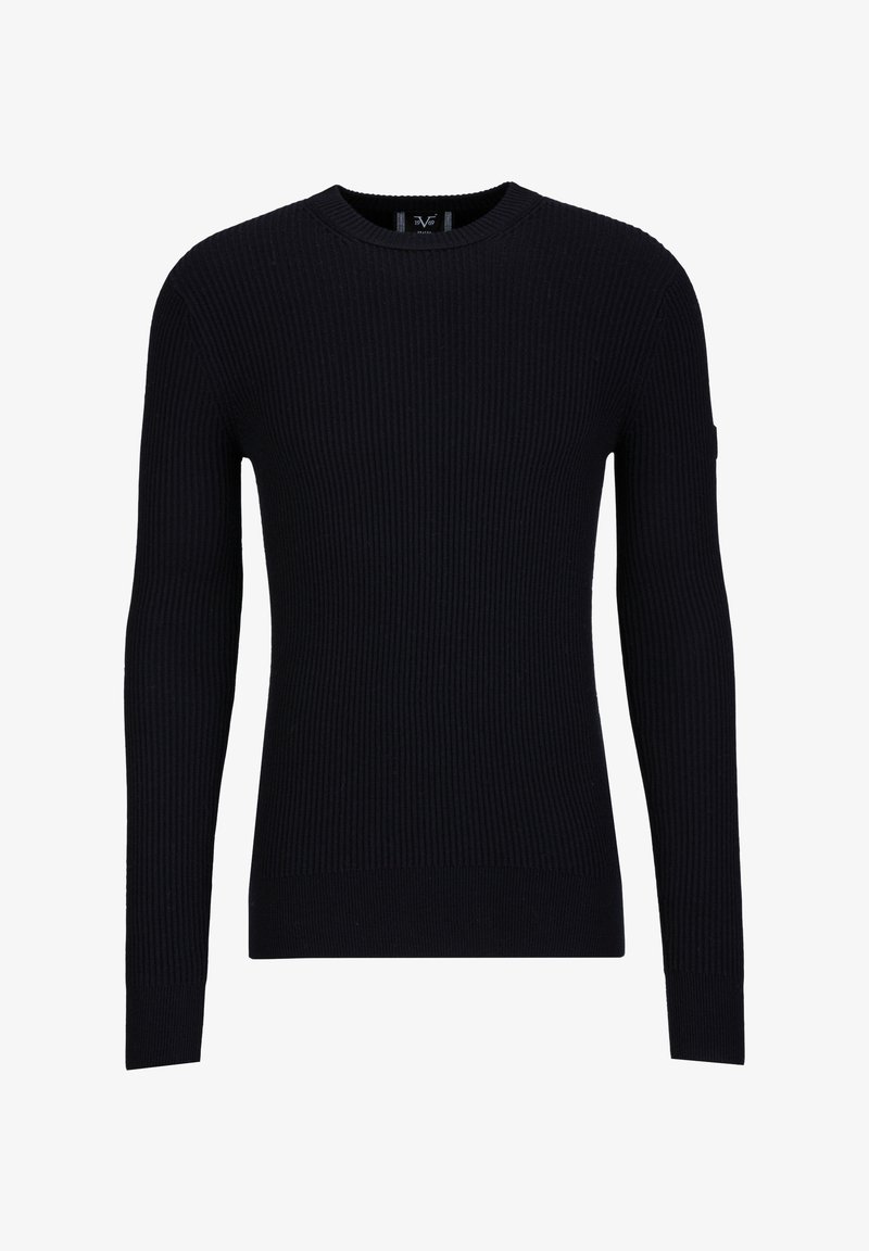 Zwarte geribbelde gebreide trui met lange mouwen, ronde hals en aansluitende manchetten. Gemaakt van zacht materiaal met een consistente textuur.