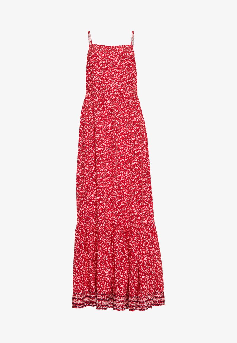 Robe maxi florale rouge avec bretelles fines, bas évasé et taille froncée. Présente de petits motifs de fleurs blanches et des accents décoratifs au niveau de l'ourlet.