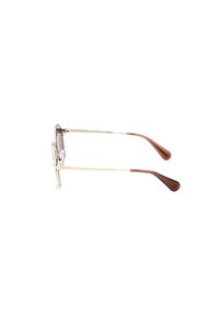 Metallsonnenbrille mit dünnem goldenen Rahmen, braun getönten Gläsern und gebogenen braunen Acetat-Bügeln. Verfügt über Nasenpads für zusätzlichen Komfort.