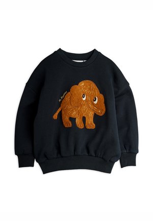 Sudadera negra con puños y bajo acanalados, con un gráfico texturizado de un elefante naranja con ojos grandes centrado en la parte delantera.