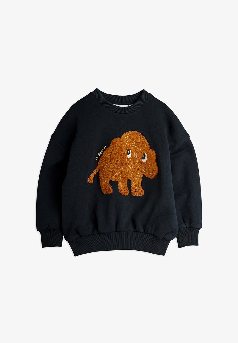 Sudadera negra con puños y bajo acanalados, con un gráfico texturizado de un elefante naranja con ojos grandes centrado en la parte delantera.