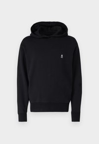 Haut à capuche noir en mélange de coton. Présente une poche kangourou à l'avant, des poignets côtelés et un petit logo de flamme blanche sur la poitrine.
