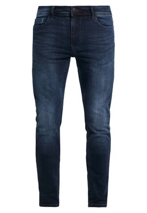 Dunkelblaue Denim-Jeans mit schmaler Passform, ausgestattet mit nährdetails, einem Knopfverschluss und fünf Taschen zur Aufbewahrung.