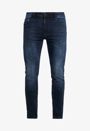 Dark blue denim jeans with a slim fit, featuring stitching details, a front button, and five pockets for storage.