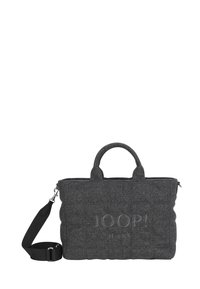 Szara torba tote z pikowanym wzorem, z dwoma krótkimi rączkami, odpinanym paskiem na ramię i wytłoczonym logo z przodu.