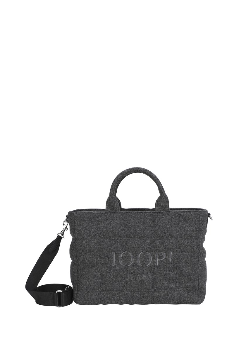 Szara torba tote z pikowanym wzorem, z dwoma krótkimi rączkami, odpinanym paskiem na ramię i wytłoczonym logo z przodu.