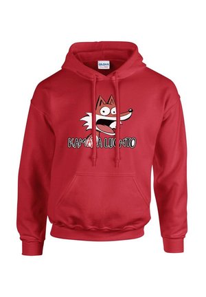 Rød hoodie lavet af fleece med en kangaroo-lomme, med et karikaturbillede af en ræv og teksten "KAMAS A LUKINTO" i fede sorte bogstaver.