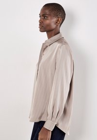 Camicia a righe beige chiaro con colletto classico, pattina di bottoni e maniche lunghe leggermente gonfie; tessuto liscio e setoso.