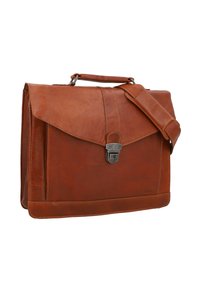 Brown leather messenger bag with a flap closure, metal hardware, a top handle, and an adjustable shoulder strap. Features visible stitching details.