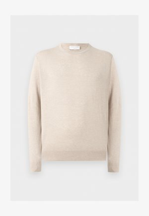 Béžový sveter s dlhým rukávom a okrúhlym výstrihom, s rebrovanými manžetami a lemom, zobrazený na jednofarebnom svetlom pozadí.