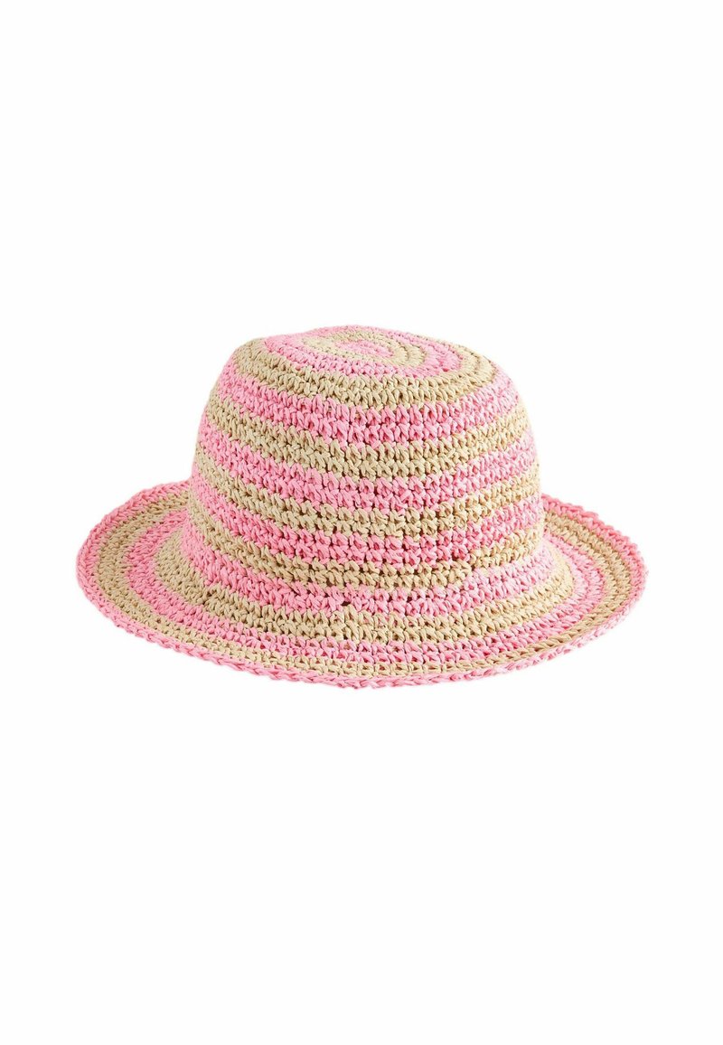 Gestreifter gehäkelter Bucket Hat in Pink und Beige mit einer breiten Krempe und strukturiertem Webdesign. Leicht gewölbte Krone, lässiges Sommeraccessoire.