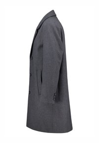 Cappotto di lana grigia con taglio dritto, rever sagomato e frontale a un petto con cinque bottoni e tasche laterali. Tessuto liscio.