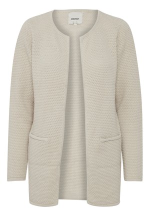 Beige cardigan with a textured knit pattern, open front, round neckline, and two front pockets. Designed for a relaxed fit.