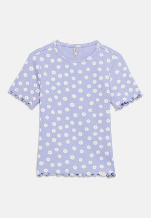 T-shirt court côtelé lilas avec col rond, imprimé marguerite blanche et finition en bordure ondulée aux manches et à l’ourlet.