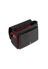Borsetta con motivo nero e oro con accenti rossi, forma rettangolare, scomparti con zip e una tracolla. Dotata di una texture liscia.