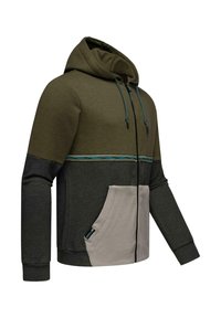 Hooded sweatshirt in olive green and charcoal with a light gray pocket, contrasting turquoise drawstrings, and a horizontal striped detail.