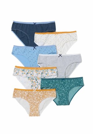 Sieben Damenbikini-Unterhosen mit verschiedenen Mustern, darunter Streifen, florale Muster und kleine Prints in Blau-, Weiß-, Senf- und Grüntönen.